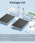 Two Pack 9W Solar Panels IP65 Waterproof Charger Kit With 10 Foot USB C Cable And Micro USB Adapters For Outdoor Cameras Smartphones And Any DC 5V Device Works From Minus Four To One Hundred Seventy Six Degrees Fahrenheit, showing included components.