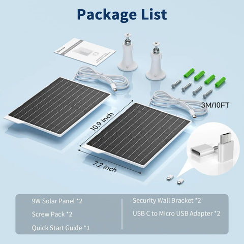 Two Pack 9W Solar Panels IP65 Waterproof Charger Kit With 10 Foot USB C Cable And Micro USB Adapters For Outdoor Cameras Smartphones And Any DC 5V Device Works From Minus Four To One Hundred Seventy Six Degrees Fahrenheit, showing included components.