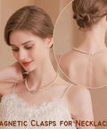 Magnetic Necklace Clasp Set With Double Lobster Clasps, shown on a woman wearing a necklace, rear and front view.