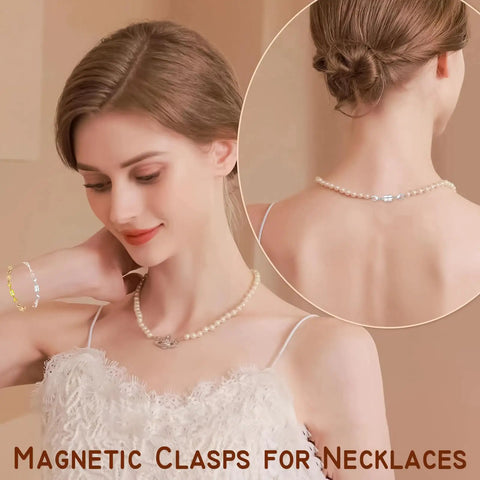 Magnetic Necklace Clasp Set With Double Lobster Clasps, shown on a woman wearing a necklace, rear and front view.