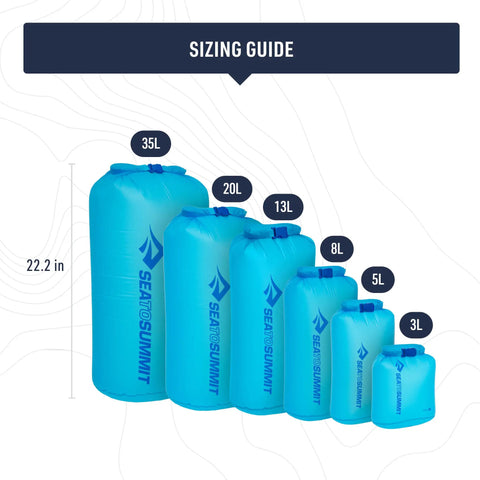 Sizing guide showing 6 dry bags, including Ultralight 3L Dry Bag For Backpacking And Travel, Waterproof Gear Storage Sack With Bluesign 30D Ultra-Sil.