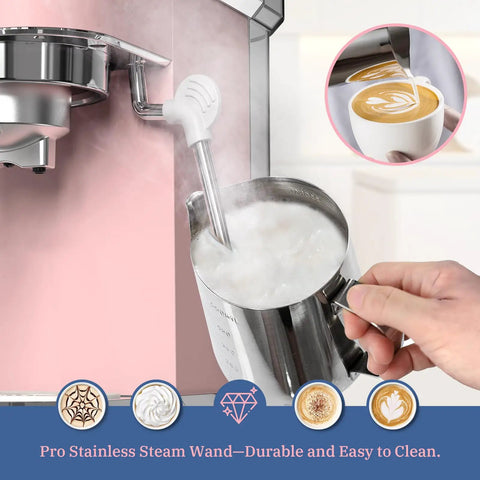 Professional Espresso Machine With 20 Bar Pump And Milk Frother Steam Wand For Cappuccino And Latte at Home, pink finish