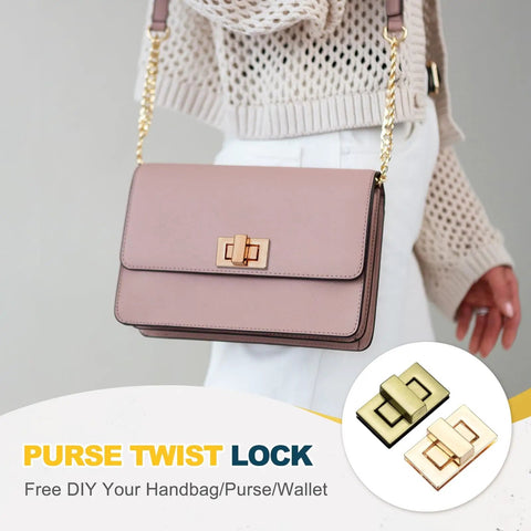 Light Gold Rectangular Twist Lock 2 Pack Purse Closure Hardware Secure Turn Clasp For DIY Handbag And Crossbody Bags on a pink purse.