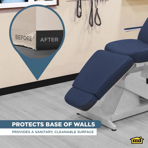 Self-Stick Vinyl Wall Base 4 Inch High By 20 Feet Long Black Flexible Vinyl Trim in room with blue chair, before and after comparison.