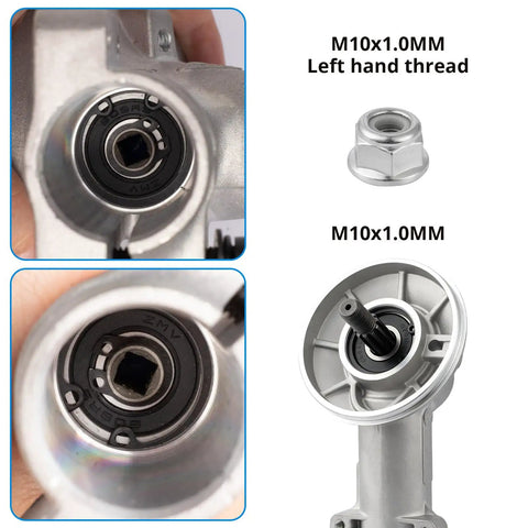All In One Trimmer Gear Head Kit For Stihl String Trimmers Dope Gearbox Assembly With Thrust Plate Thrust Washer Rider Plate And Left Hand Nut Replaces 4180 640 0114 Aftermarket Replacement Not OEM, close-up and side view including left-hand collar nut