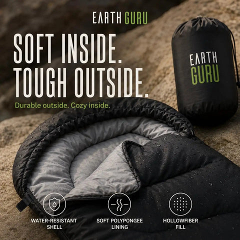 All Season Waterproof Sleeping Bag For Adults And Kids, 50F To 77F Temperature Range, showing water-resistant shell and lining