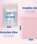 Bubble Mailers 10x13 Inch Light Pink 25 Pack Opaque Padded Envelopes for Clothing Books Makeup and Accessories Self Seal Shipping Bags for Small Business. Image shows envelope size comparison with A4 magazine.