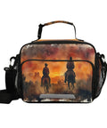 North American Desert Cowboy Insulated Lunch Bag With Buckle Handle And Detachable Adjustable Shoulder Strap, showing cowboy scene