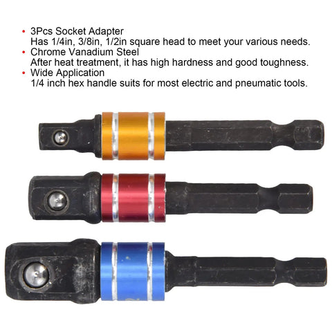 Heavy Duty Socket Adapter Set Includes Three Piece Hex Shank Drill Extension Bits With 4 38 And 2 Inch Lengths For Screwdriver Electric And Pneumatic Tools Conversion Kit Making Your Job A Total Breeze. 3 chrome vanadium steel adapters, 1/4, 3/8, 1/2 inch