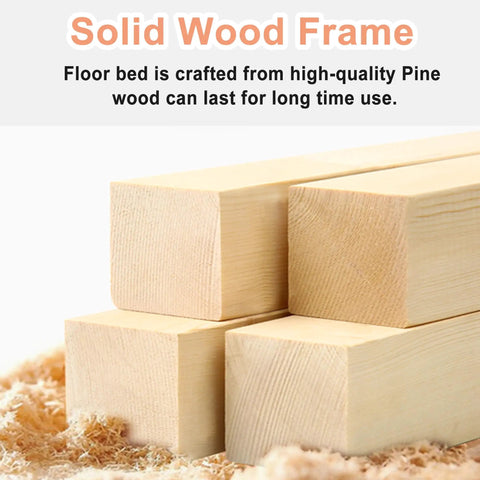 Solid wood frame for Twin Montessori Floor Bed Frame In Natural Pine With Attached Safety Fence Gate, showcasing durable pine timber.