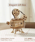 3D Wooden Puzzle Kit For Adults, 183 Piece Mechanical Model Build, Vintage Movie Projector Craft, Hand Crank Power, No Battery Required, Realistic Animations In Darkness, Sweet Gift For Adults 14 Plus, 9.7 in