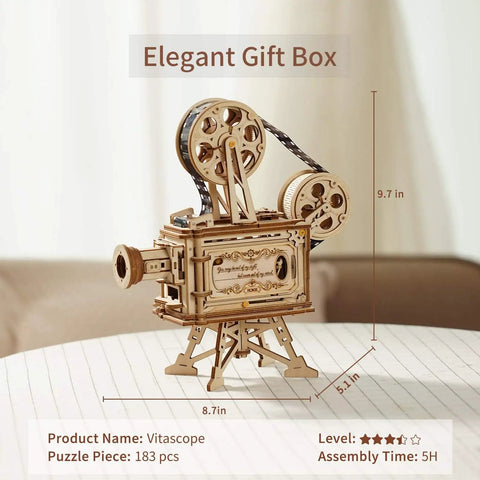 3D Wooden Puzzle Kit For Adults, 183 Piece Mechanical Model Build, Vintage Movie Projector Craft, Hand Crank Power, No Battery Required, Realistic Animations In Darkness, Sweet Gift For Adults 14 Plus, 9.7 in