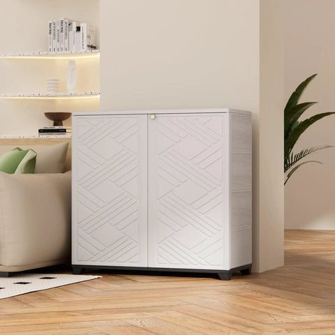 Indoor Outdoor Plastic Storage Cabinet With One Shelf 34 X 15 X 34 Inches White Weather Resistant UV Protected