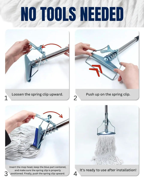 Installation steps for the Built Tough 59 Inch Commercial String Mop System with a metal frame and washable refills.