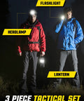 Two people outdoors at night using Three Piece Battery Powered LED Light Set With Flashlight Headlamp And Camping Lantern For Outdoor Adventures And Emergencies High Lumens Long Battery Life Easy To Use Great For Camping Hiking Power Outages.