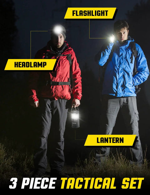 Two people outdoors at night using Three Piece Battery Powered LED Light Set With Flashlight Headlamp And Camping Lantern For Outdoor Adventures And Emergencies High Lumens Long Battery Life Easy To Use Great For Camping Hiking Power Outages.