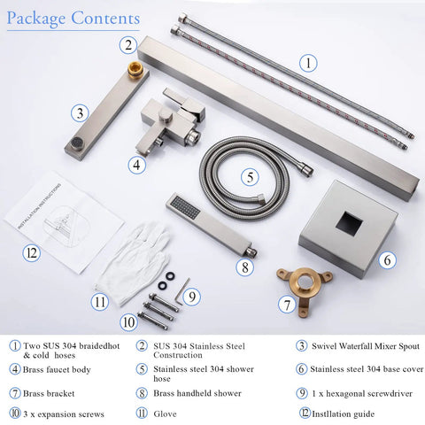 Freestanding Bathtub Faucet Floor Mounted Brass One Handle With Hand Shower Brushed Nickel Finish package contents layout.