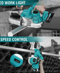 Cordless 20V Brushless Portable Bandsaw With 2.5 Inch Deep Cut And 6 Speed Beast Mode Power For Metal And Woodworking Pipes Conduit Battery Included Ready To Go in use cutting metal pipe, LED work light visible, turquoise design