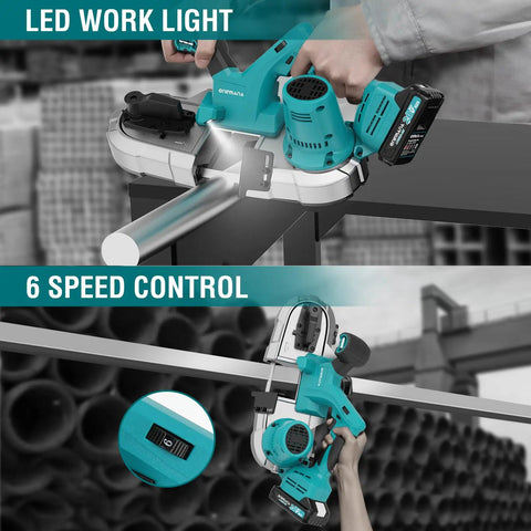 Cordless 20V Brushless Portable Bandsaw With 2.5 Inch Deep Cut And 6 Speed Beast Mode Power For Metal And Woodworking Pipes Conduit Battery Included Ready To Go in use cutting metal pipe, LED work light visible, turquoise design