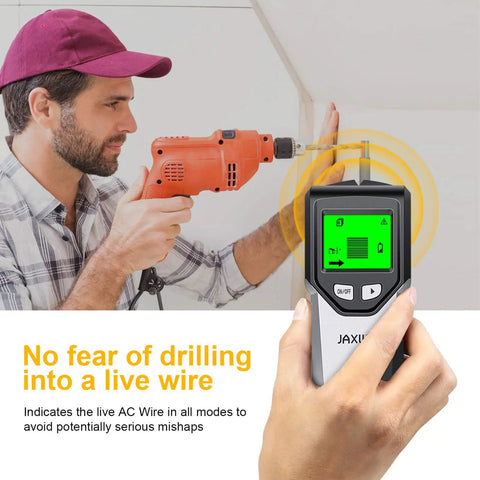 5 In 1 Stud Finder Wall Scanner with HD LCD detecting live AC wires near drilling person