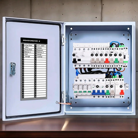 Slick Complete Electrical Panel Labels Kit With 48 Circuit Breaker Tabs High Contrast Panel Directory Sheet in open breaker box.
