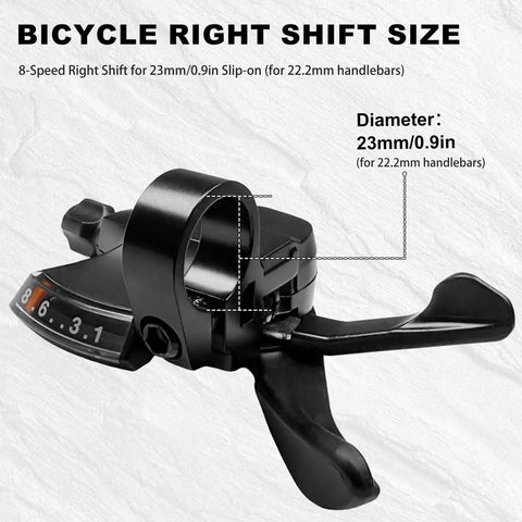 Close-up of the 8 Speed Right Thumb Shift Lever for MTB and Folding Bikes, black, ergonomic design shown with size details.