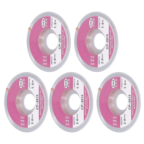 Five spools of Pro Grade Tin Solder Wick Kit, 5Pcs Desoldering Solder Wick Braids, Red Copper For High Thermal Conductivity visible