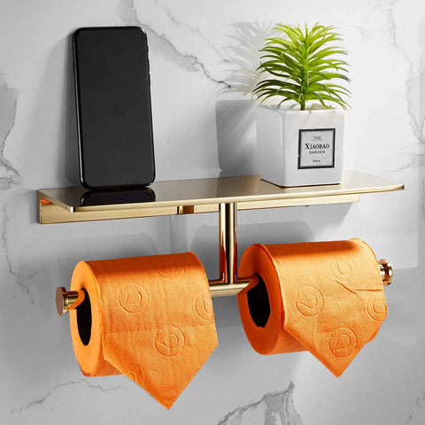 Double Roll Toilet Paper Holder With Shelf In Solid Brass And Polished Gold Finish, Hotel Style Tissue Dispenser, with orange rolls