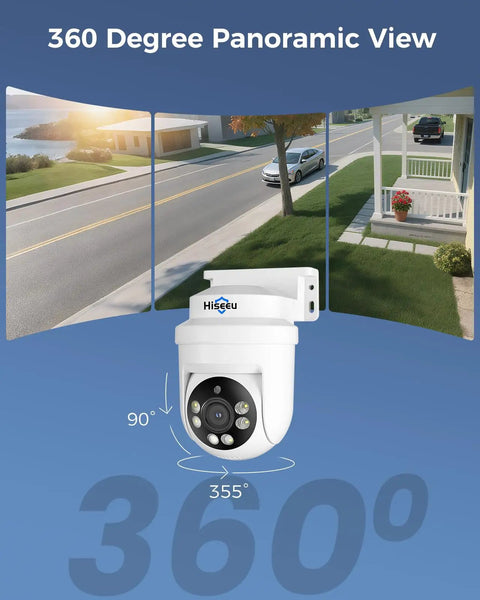 All Weather 360 Degree PTZ Security Camera System With Color Night Vision showing panoramic street view and rotation angles
