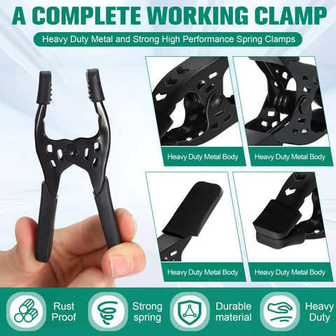 Kickass Heavy Duty Spring Clamps A Twenty Four Pack Delivering Snug One Point Five Inch Openings And Secure Non Slip Handles All Black Tooling built for woodworking showcased with durable metal body and strong spring.