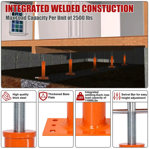 Pair Of Adjustable House Floor Jacks Built Tough To Crush Heavy Loads Measures Nineteen To Thirty Eight Inches Tall Secures Eleven Thousand Pounds Each Crafted From Hella Sturdy Steel featuring galvanized tops and welded base platforms.