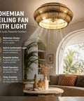 19” Boho Caged Ceiling Fan with Lights and Remote, 6-Speed Flush Mount in a stylish room with soft light and plants.