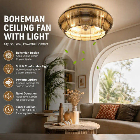 19” Boho Caged Ceiling Fan with Lights and Remote, 6-Speed Flush Mount in a stylish room with soft light and plants.