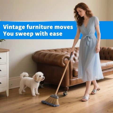 Woman cleaning with a broom by vintage furniture, showcasing Heavy Duty Two Inch Brass Ball Casters With Locking Brakes.