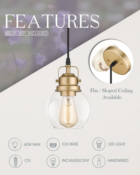 Gold Pendant Light For Kitchen Island With Clear Glass Globe 5 Inch Hanging Light Fixture Modern Bluebell Inspired Design