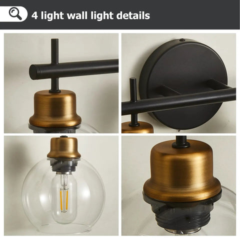 Close-up of Black And Gold 4 Light Vanity Lights with Clear Globe Shade for Farmhouse Modern Bathroom Over Mirror details.