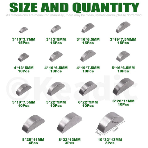 Woodruff key set: carbon steel half-mmoon keys, 150 pcs in 15 metric sizes (front view)