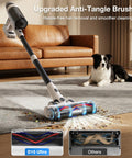 Cordless Vacuum Cleaner With 55 Minutes Runtime 15 In 1 Self Standing Stick Vacuum in use on carpet with pet hair, dog nearby