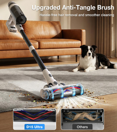 Cordless Vacuum Cleaner With 55 Minutes Runtime 15 In 1 Self Standing Stick Vacuum in use on carpet with pet hair, dog nearby