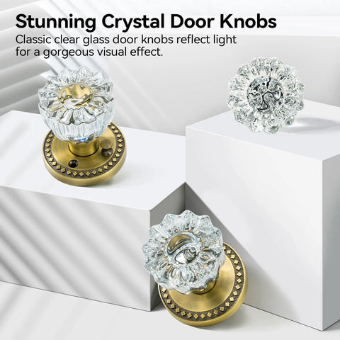 3 Pack Crystal Glass Door Knobs With Privacy Lock In Antique Brass Finish For Vintage Interior Style Heavy Duty Zinc Alloy Plates Diamond Plum Flower Design Ideal For Doors And Cabinets