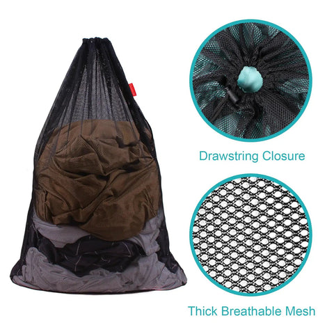 Heavy Duty Mesh Laundry Bags Set 24 x 36 Inches Drawstring Closure Black 2 Pack with visible mesh and drawstring detail