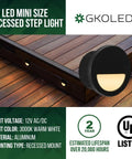 Image of 1W LED mini size recessed step light on wooden deck with aluminum material, 3000K warm white, 12V UL listed.