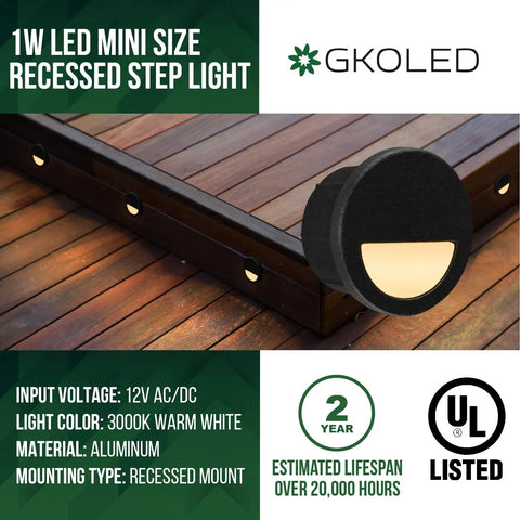 Image of 1W LED mini size recessed step light on wooden deck with aluminum material, 3000K warm white, 12V UL listed.