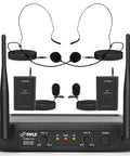 Dual Channel Wireless Microphone System With Dual Frequency Receiver And 2 Lavalier Mics, 2 Headset Mics, 2 Transmitters on display