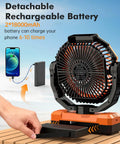 3 In 1 Portable Camping Fan With Light And Power Bank Detachable 36000mAh Battery shown charging a phone outdoors