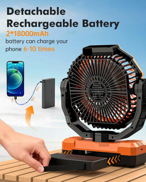 3 In 1 Portable Camping Fan With Light And Power Bank Detachable 36000mAh Battery shown charging a phone outdoors