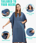 Person wearing Hooded Towel Changing Poncho For Surfing And Outdoor Adventures On The Go Privacy Robe With Front Kangaroo Pocket.