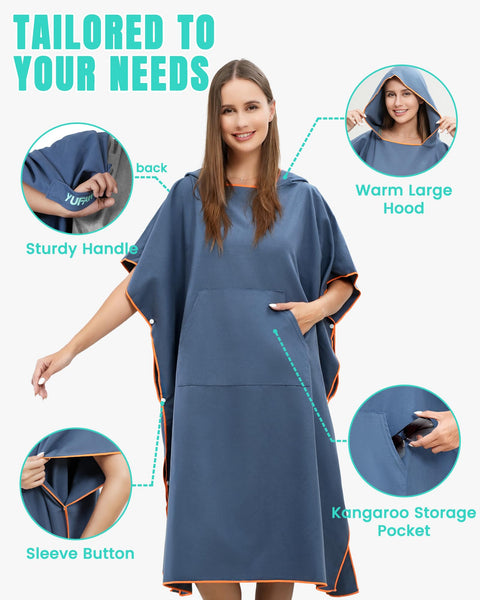 Person wearing Hooded Towel Changing Poncho For Surfing And Outdoor Adventures On The Go Privacy Robe With Front Kangaroo Pocket.
