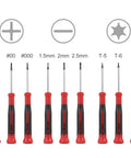 Nine Piece Precision Screwdriver Set With Magnetic Tips And Swivel End Cap, Ergonomic Grip, Includes Phillips Zero, Phillips Double Zero, Phillips Triple Zero, Flat Blades 1.5 2.0 2.5 Millimeter, Torx T5 T6 T7, Chrome Vanadium Steel displayed in a row