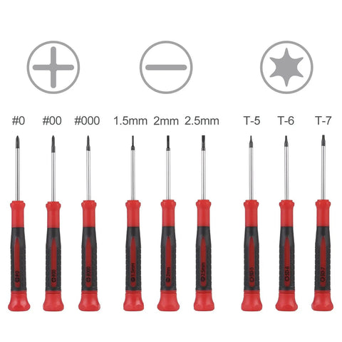 Nine Piece Precision Screwdriver Set With Magnetic Tips And Swivel End Cap, Ergonomic Grip, Includes Phillips Zero, Phillips Double Zero, Phillips Triple Zero, Flat Blades 1.5 2.0 2.5 Millimeter, Torx T5 T6 T7, Chrome Vanadium Steel displayed in a row